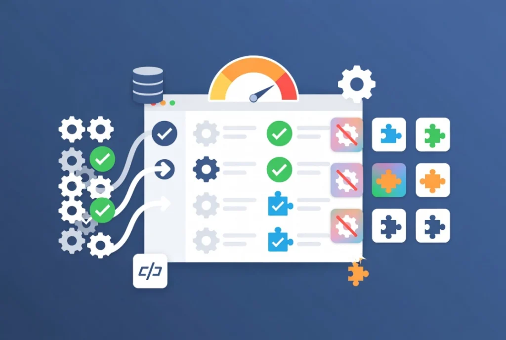 WordPress plugin audit and optimization workflow with dashboard and performance icons in flat vector style