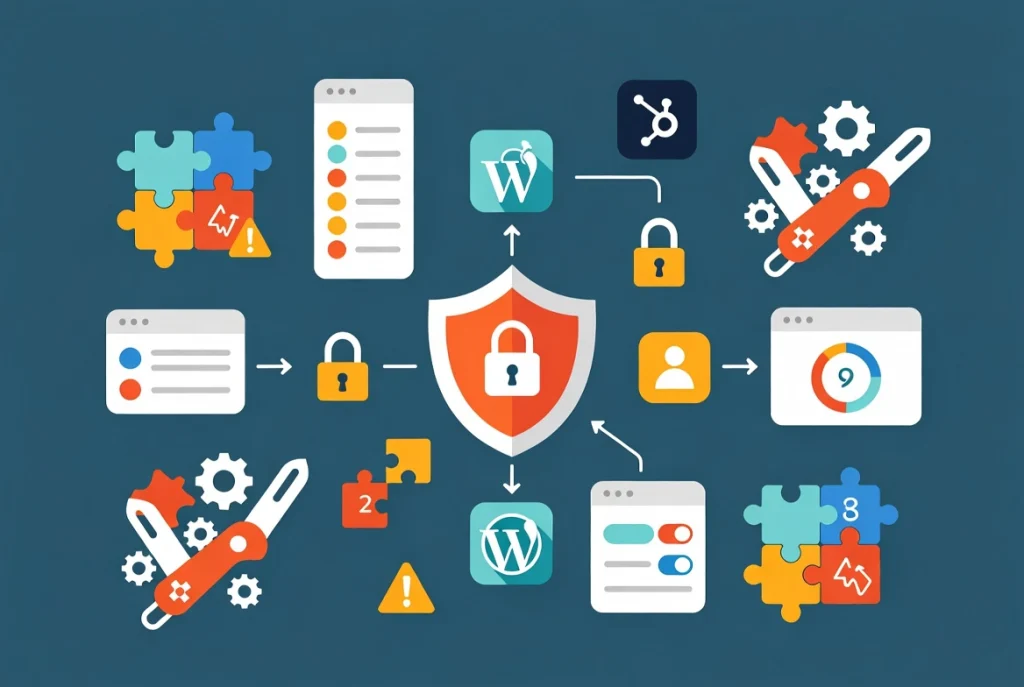 Flat vector WordPress security shield protecting plugins with locks and least privilege access controls