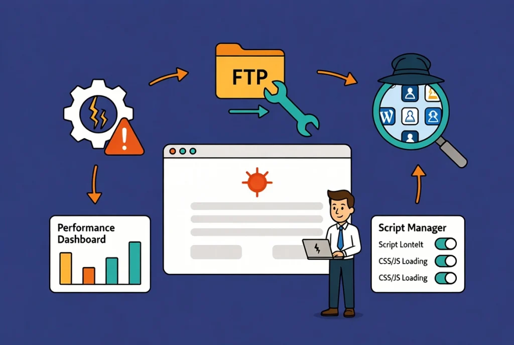 WordPress site showing white screen of death with plugin conflict icons and debug workflow steps in flat vector style
