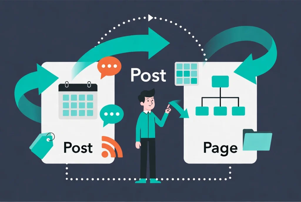 WordPress post versus page decision workflow with flowchart icons and central figure choosing content type