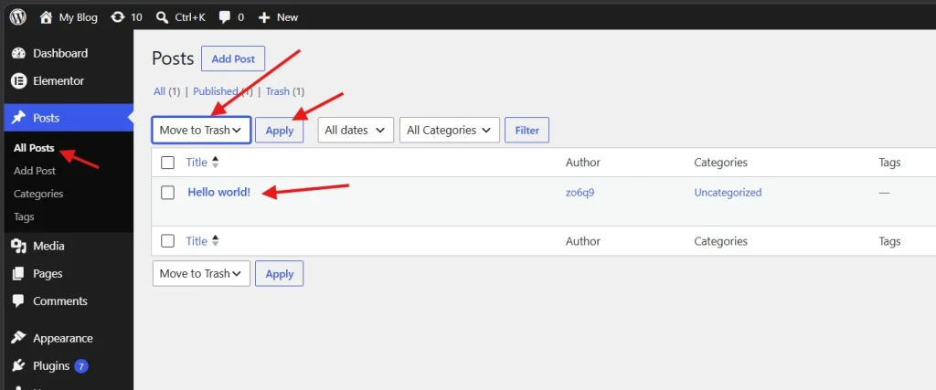 WordPress posts admin screen showing Hello World post with Move to Trash and Apply buttons highlighted by red arrows