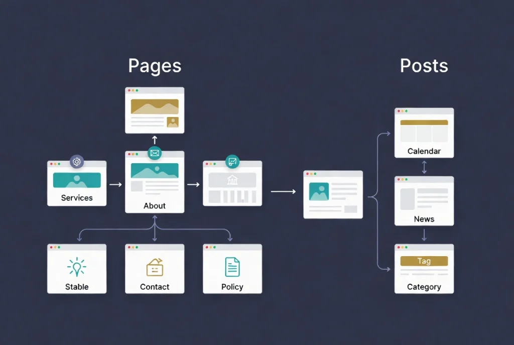 WordPress content strategy illustration showing stable pages as pillars alongside dynamic posts timeline in flat vector style