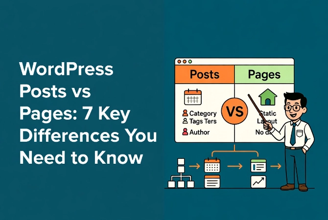 Friendly cartoon teacher with pointer explaining WordPress posts versus pages comparison chart showing seven differences with icons and workflow arrows