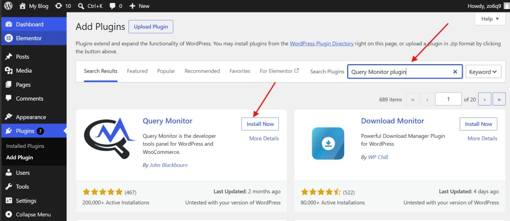 WordPress Add Plugins page showing Query Monitor search result with Install Now button and dashboard sidebar