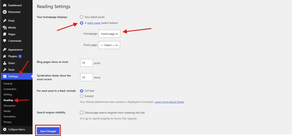 WordPress reading settings page configuring static homepage with highlighted options and save changes button