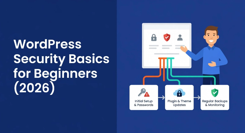 Man pointing to a security dashboard illustrating WordPress initial setup, plugin updates, and site monitoring steps.