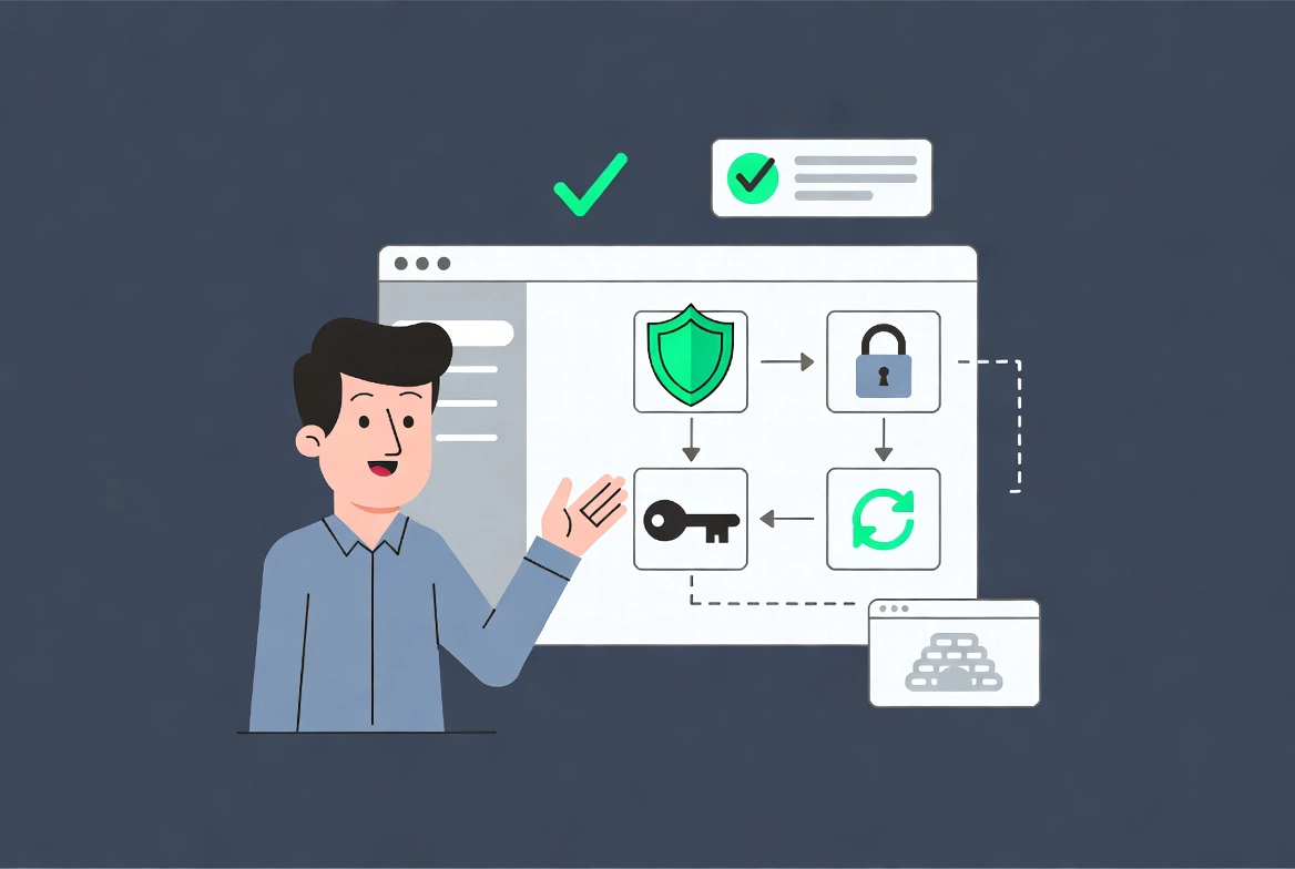 Cartoon man gesturing toward WordPress security dashboard with shield padlock key and update icons connected by workflow arrows on navy background