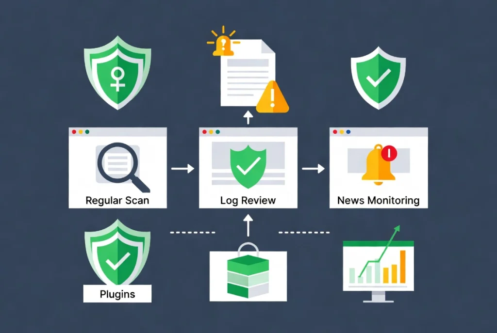 WordPress ongoing security monitoring illustration with scans, logs review, alerts and layered protection workflow.