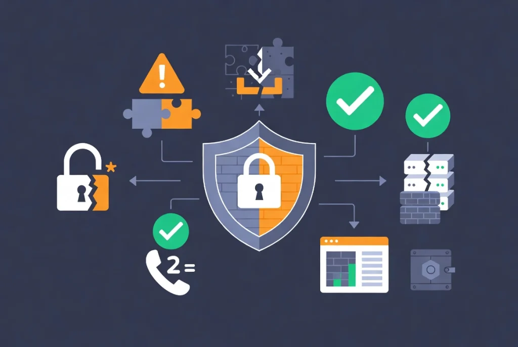 Flat vector illustration of WordPress security shield with vulnerability warnings and protection measures for blog featured image