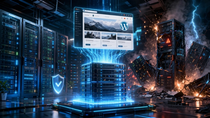 WordPress logo on a glowing blue digital shield with circuitry lines and floating binary data points