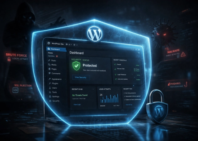 WordPress logo on a glowing blue digital shield with circuitry lines and floating binary data points.