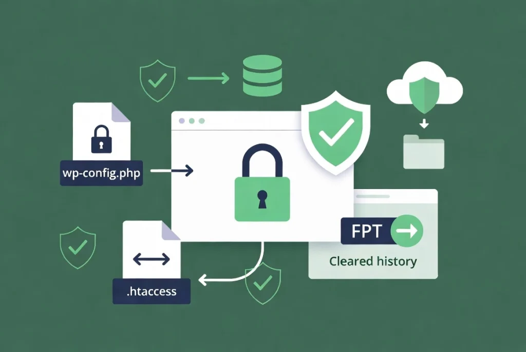 Secure WordPress post-installation steps with locked wp-config file, FTP protection, and backup workflow icons