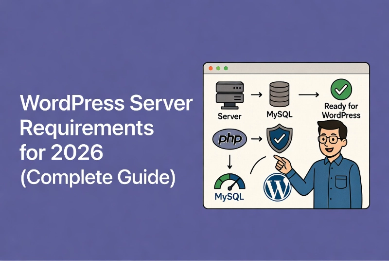 Illustration of a cartoon teacher pointing to WordPress server setup icons for server, PHP, MySQL, security shield and WordPress logo in a UI flowchart