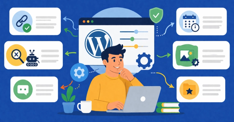 Friendly cartoon man at desk gesturing toward WordPress settings dashboard with icons and workflow arrows illustrating common FAQ issues like permalinks, search visibility, comments, timezone, and media sizes.