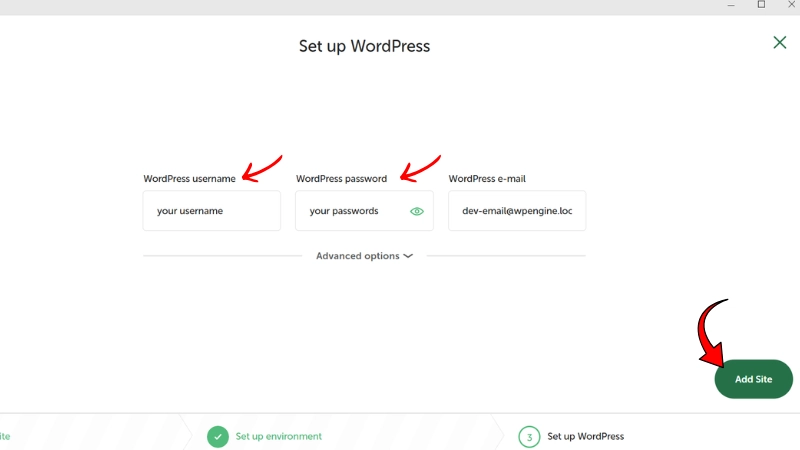 WordPress setup screen with red arrow pointing to Add Site button