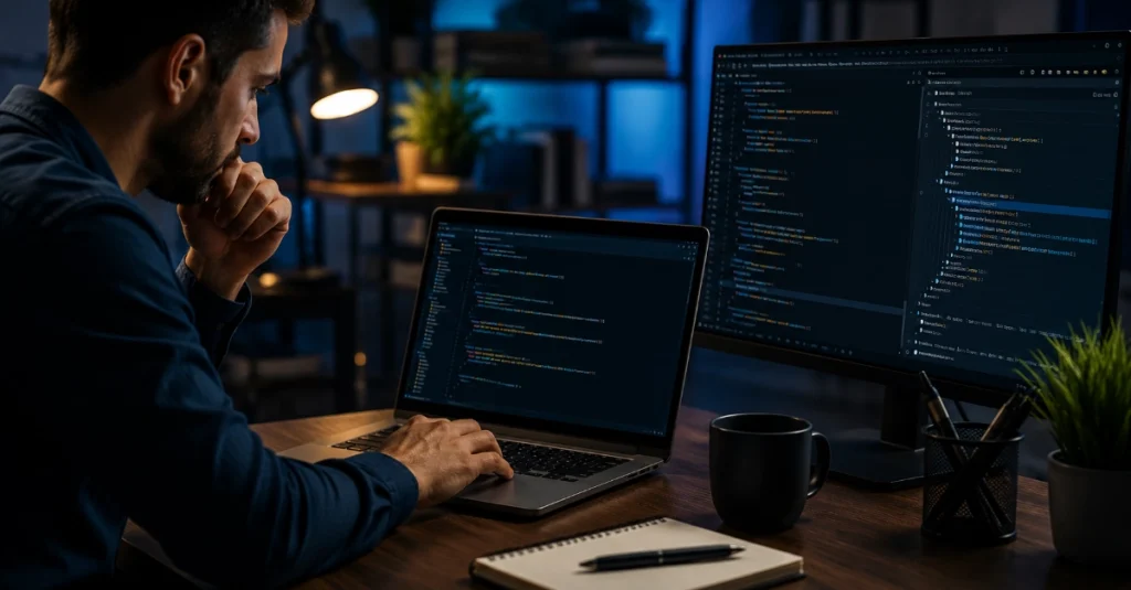 Developer testing WordPress shortcode code on laptop and monitor in cinematic office workspace
