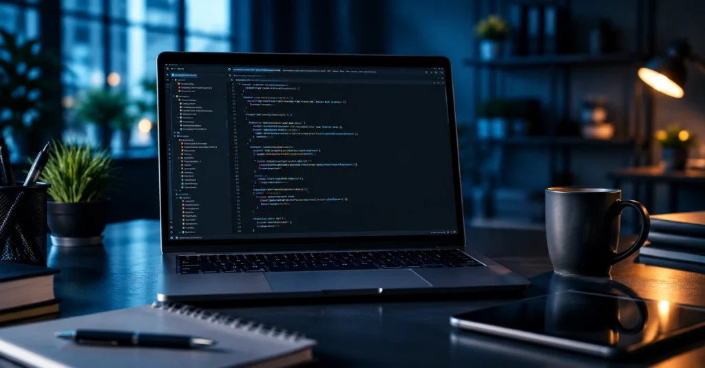 Laptop displaying shortcode code editor in cinematic office workspace with development tools on desk