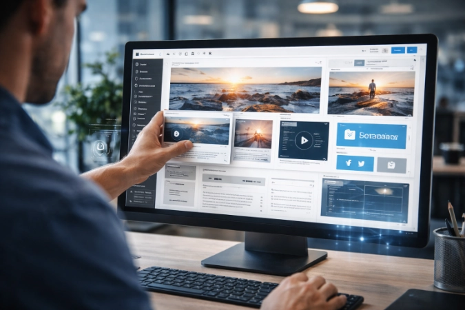 Home office desk with a laptop displaying a website dashboard WordPress alongside a coffee cup and notebook.