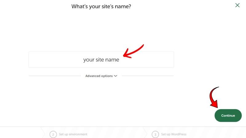 WordPress site name setup screen with red arrow pointing to green Continue button