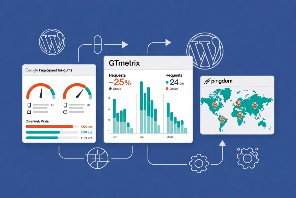 Flat vector dashboard showing WordPress speed tools with PageSpeed gauges, GTmetrix waterfall, and Pingdom global checks connected by workflow arrows