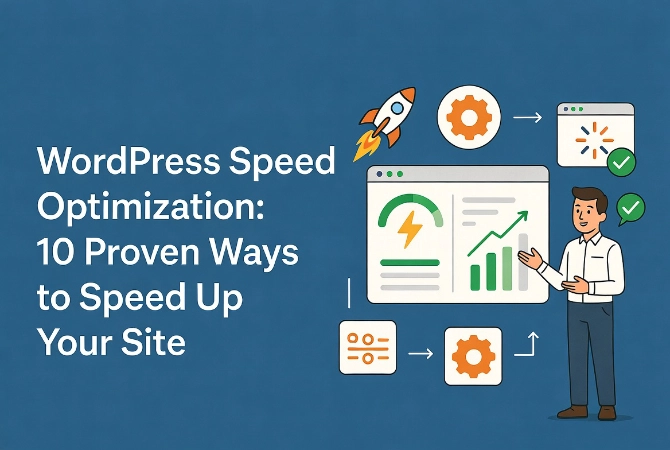 Flat vector illustration of WordPress hosting speed optimization showing switch from slow to fast hosting with central character and workflow arrows