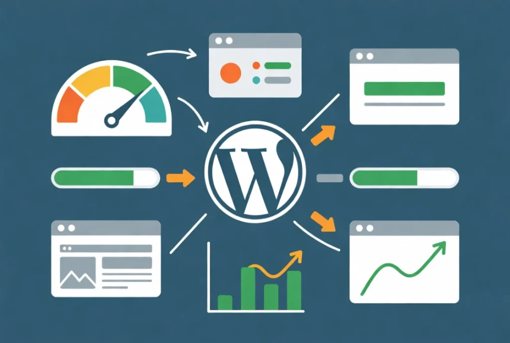 WordPress speed optimization workflow with performance metrics and flow arrows showing faster website loading