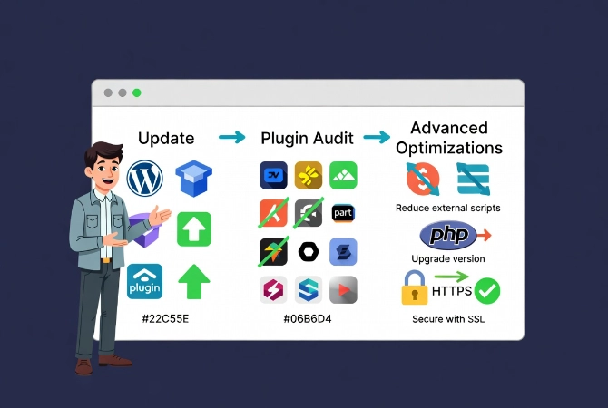 Flat vector illustration of friendly man explaining WordPress speed optimization workflow with updates, plugin audit and advanced techniques like PHP upgrade and SSL.