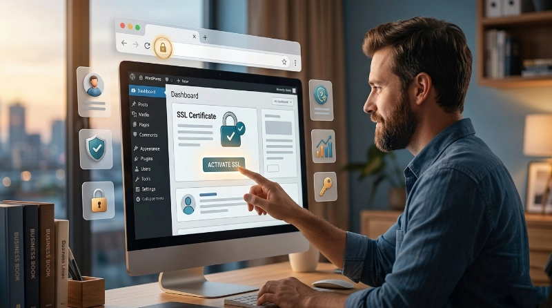 Bearded man in blue shirt points at WordPress dashboard activating SSL certificate on computer monitor in modern office.