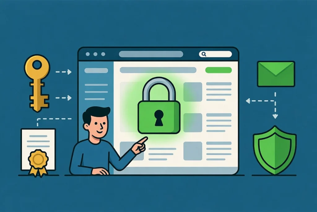 Cartoon person pointing to browser window with green padlock securing WordPress website mockup, connected to key and certificate icons on teal background