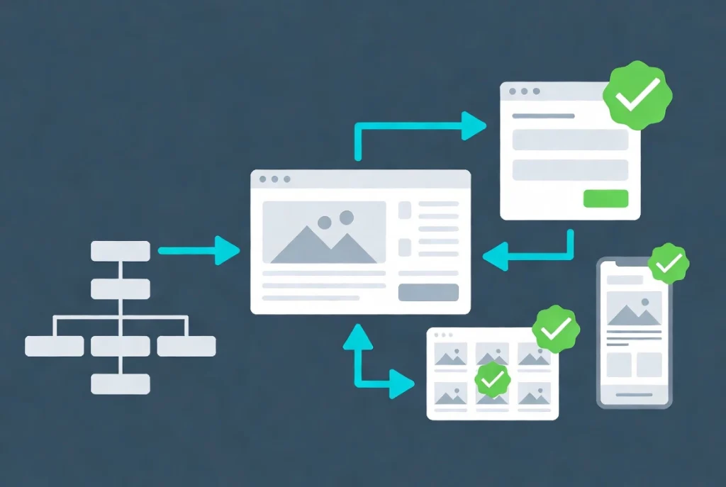 WordPress theme activation checklist with UI cards for menus, forms, images and mobile verification connected by workflow arrows