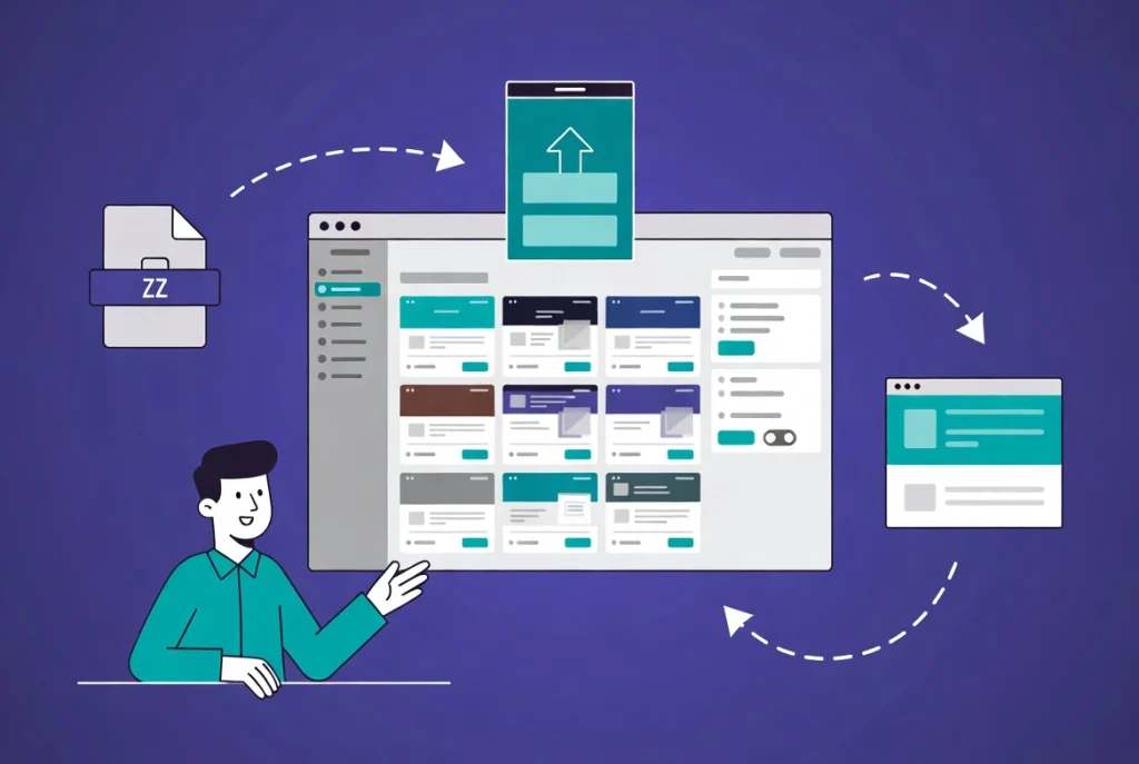 Cartoon person gesturing toward WordPress admin dashboard showing theme gallery grid with upload and preview workflow on purple background