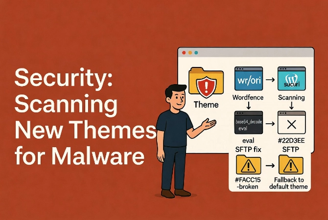 Friendly cartoon man teaching malware scanning and white screen of death troubleshooting for new WordPress themes using shield icons, code warnings, and SFTP fix workflow in flat vector style.