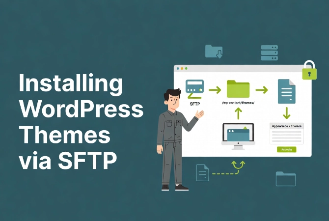 Friendly cartoon man demonstrating SFTP steps for installing WordPress themes with secure file transfer workflow arrows and folder icons in flat vector style.