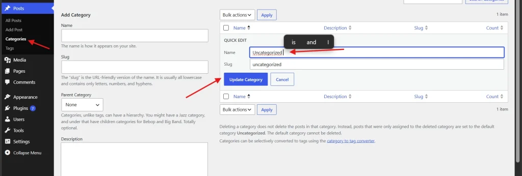 WordPress categories admin screen editing the default Uncategorized category with quick edit fields highlighted