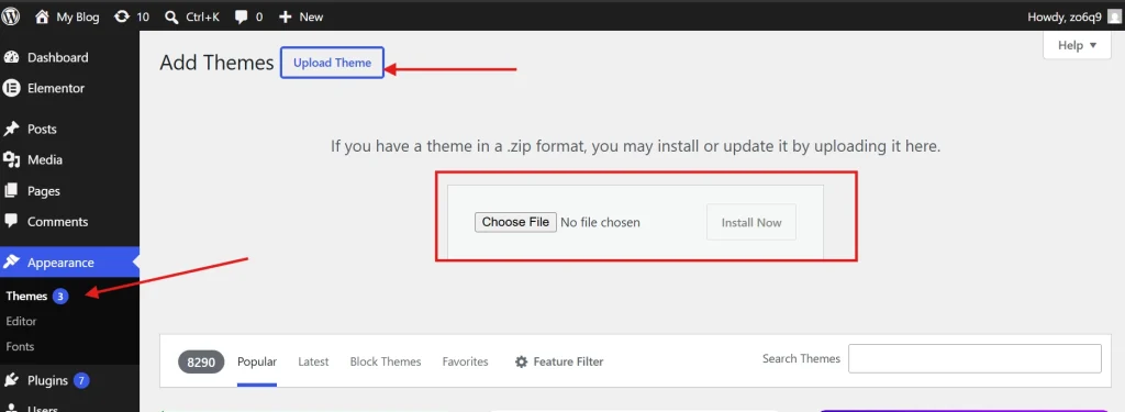 WordPress admin dashboard showing upload theme button and choose file section