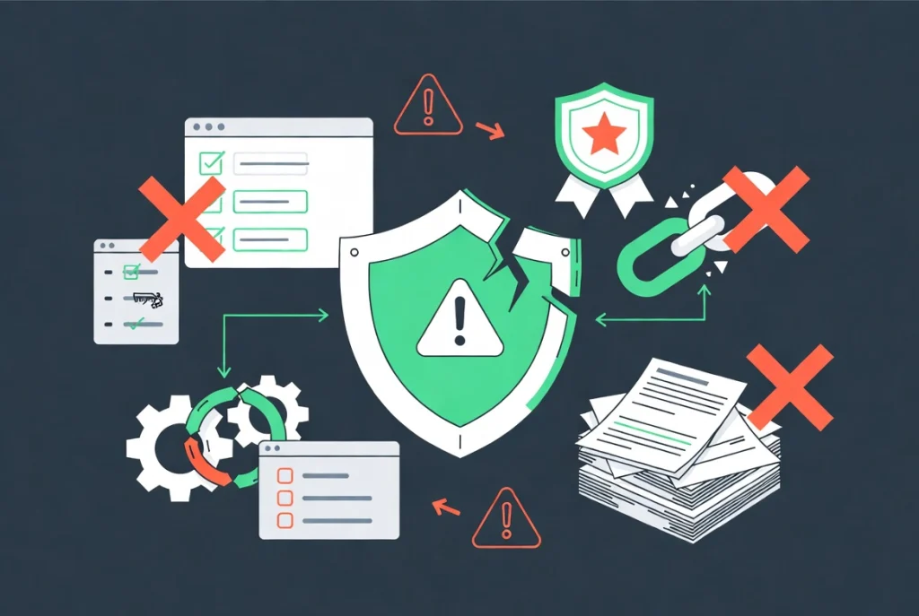 WordPress user role mistakes illustrated with warning symbols, broken permissions and error icons in flat vector style