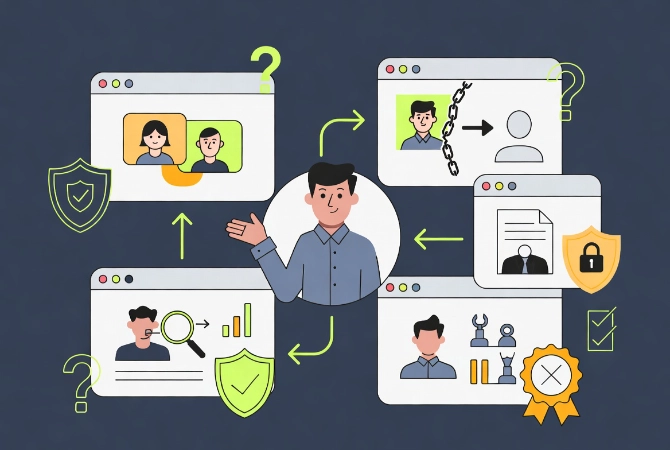 WordPress user roles FAQ illustration with central character and connected cards showing common questions and security practices
