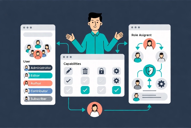 WordPress user roles and permissions dashboard illustration with central character and workflow arrows