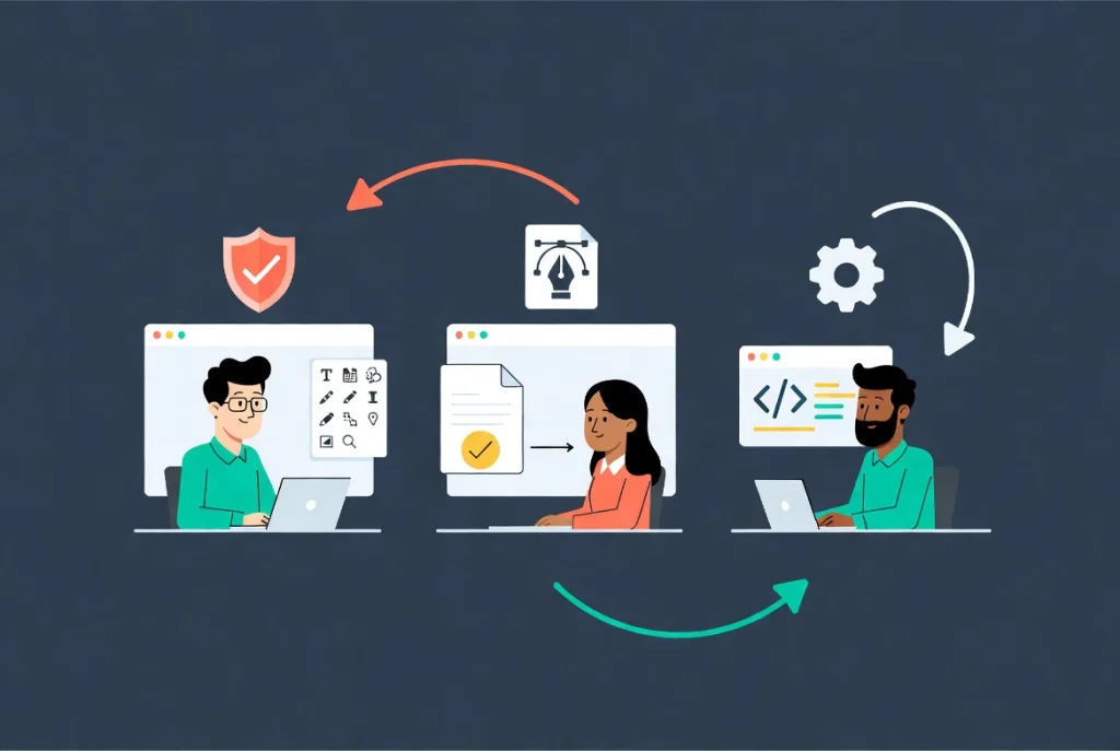 WordPress team workflow with content creators, editors and developers connected by process arrows in flat vector style