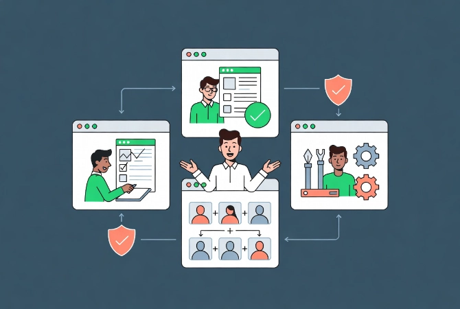 WordPress user roles illustration showing team workflow with connected cards and arrows for content creators, editors and developers