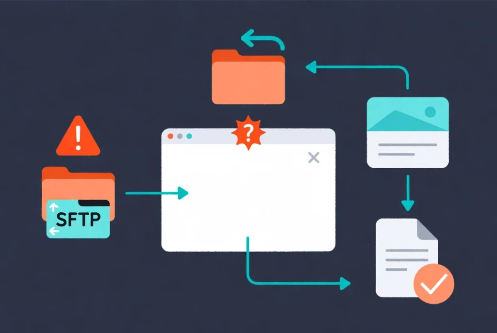 White screen error recovery workflow with arrows showing SFTP theme rename and default fallback steps in WordPress