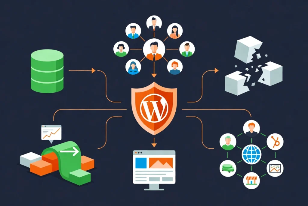 WordPress longevity illustration with stable database timeline, developer network, and modern block icons on navy background