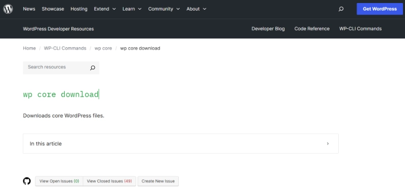 WordPress developer resources page showing the wp core download command in green text on official documentation.