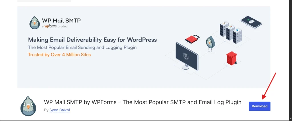WP Mail SMTP plugin promo with WordPress monitor, server icons, and download button for email deliverability.