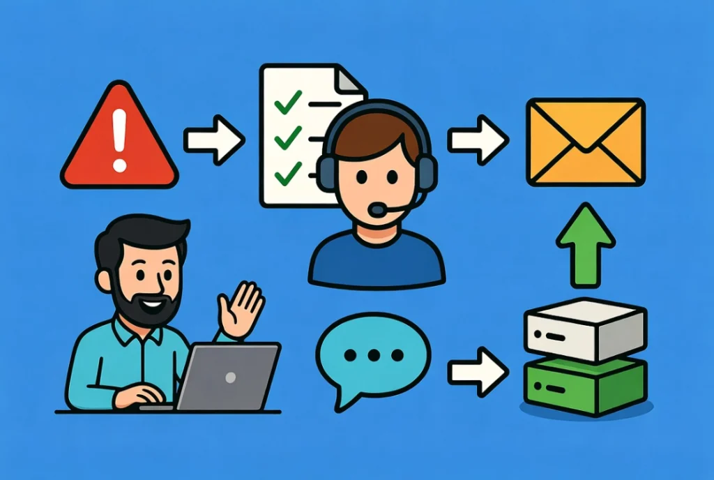 Flat vector illustration of cartoon developer contacting WordPress hosting support for memory limit increase.