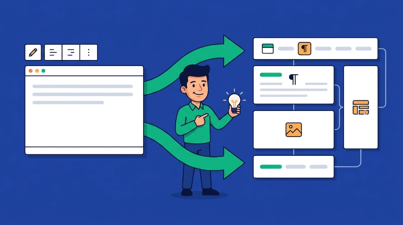 Flat vector illustration depicting Gutenberg editor evolution from simple text interface to modern block-based layout with workflow arrows.