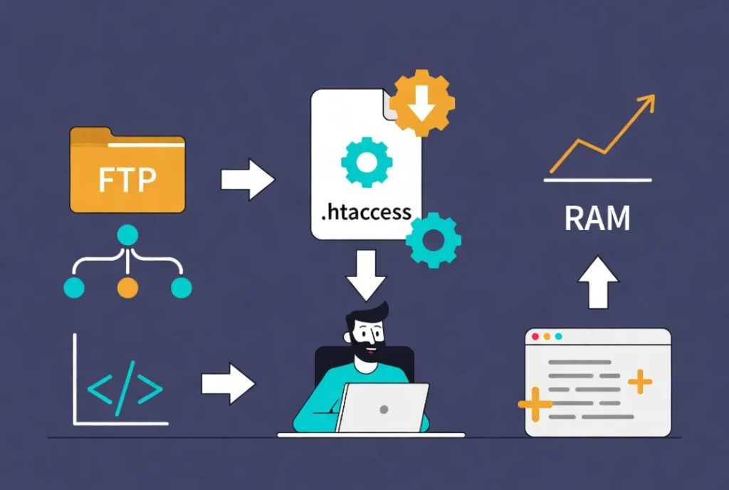 Flat vector illustration showing cartoon developer editing .htaccess file via FTP to increase WordPress memory limit.