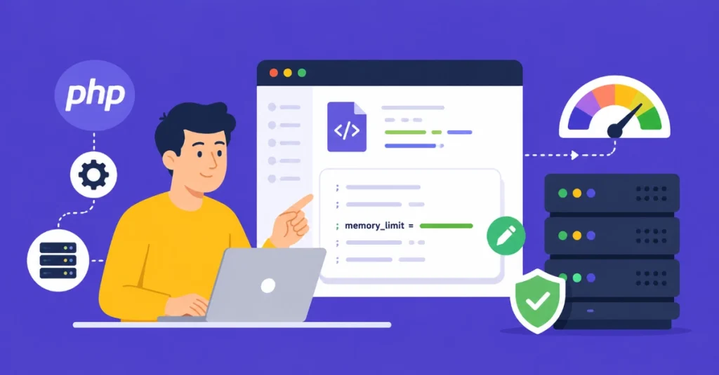 Flat vector illustration of a beginner developer editing php.ini settings to increase PHP memory limit on a web server