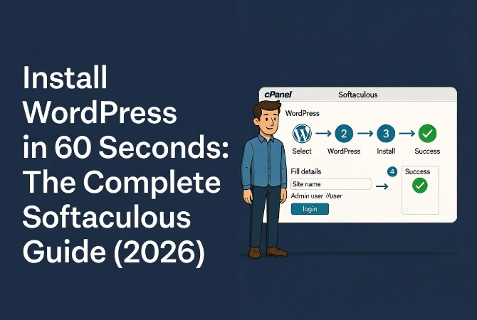 Install WordPress in 60 Seconds title next to flat vector illustration of friendly man using Softaculous to install WordPress quickly with clear workflow steps.