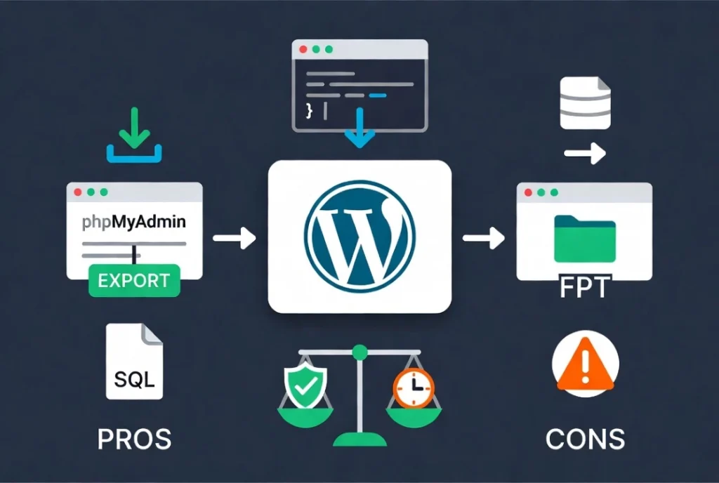 Flat vector illustration of manual WordPress backup methods showing phpMyAdmin CLI FTP and pros cons balance on navy background